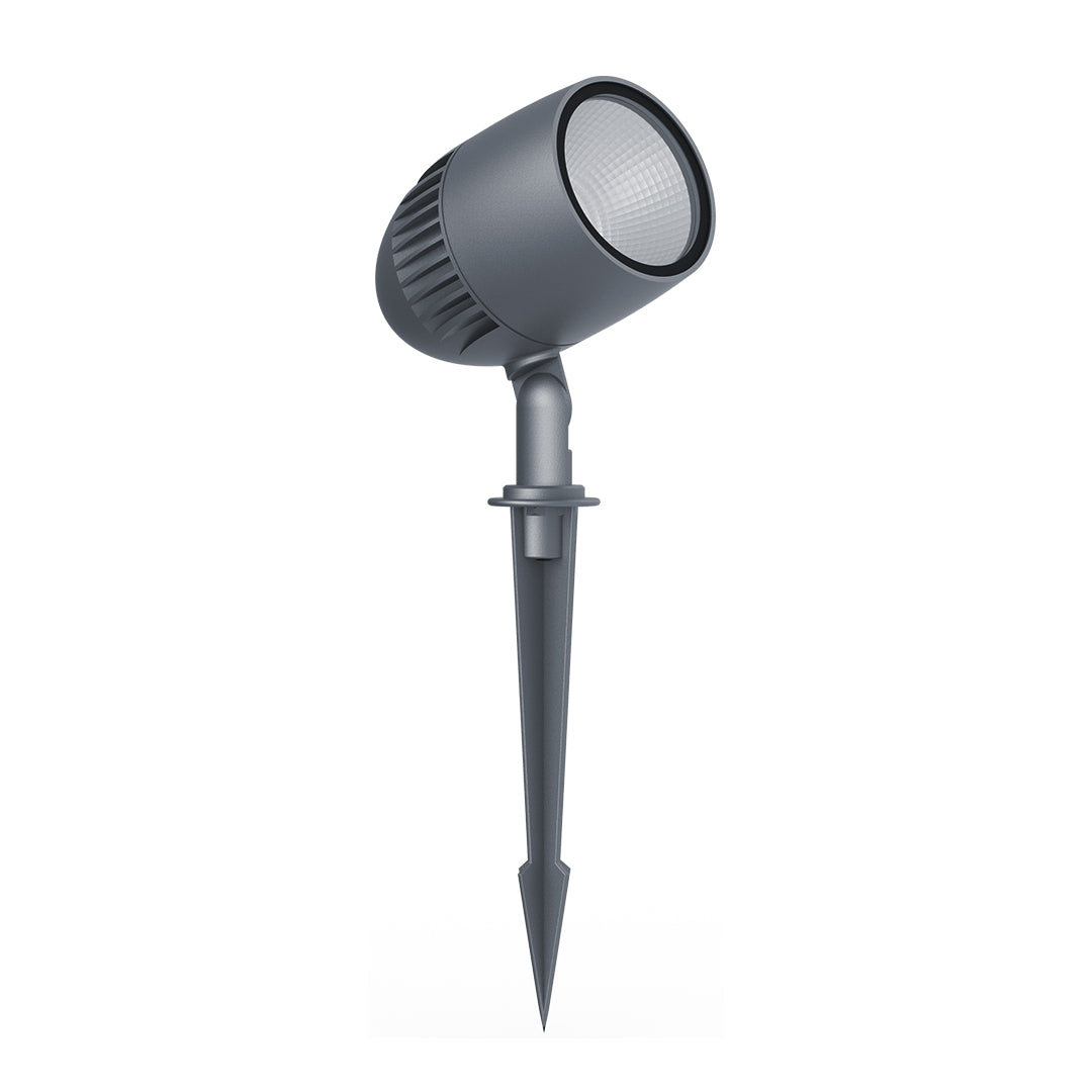 Professional gray LED spotlight with directional head and ground stake for landscape accent lighting