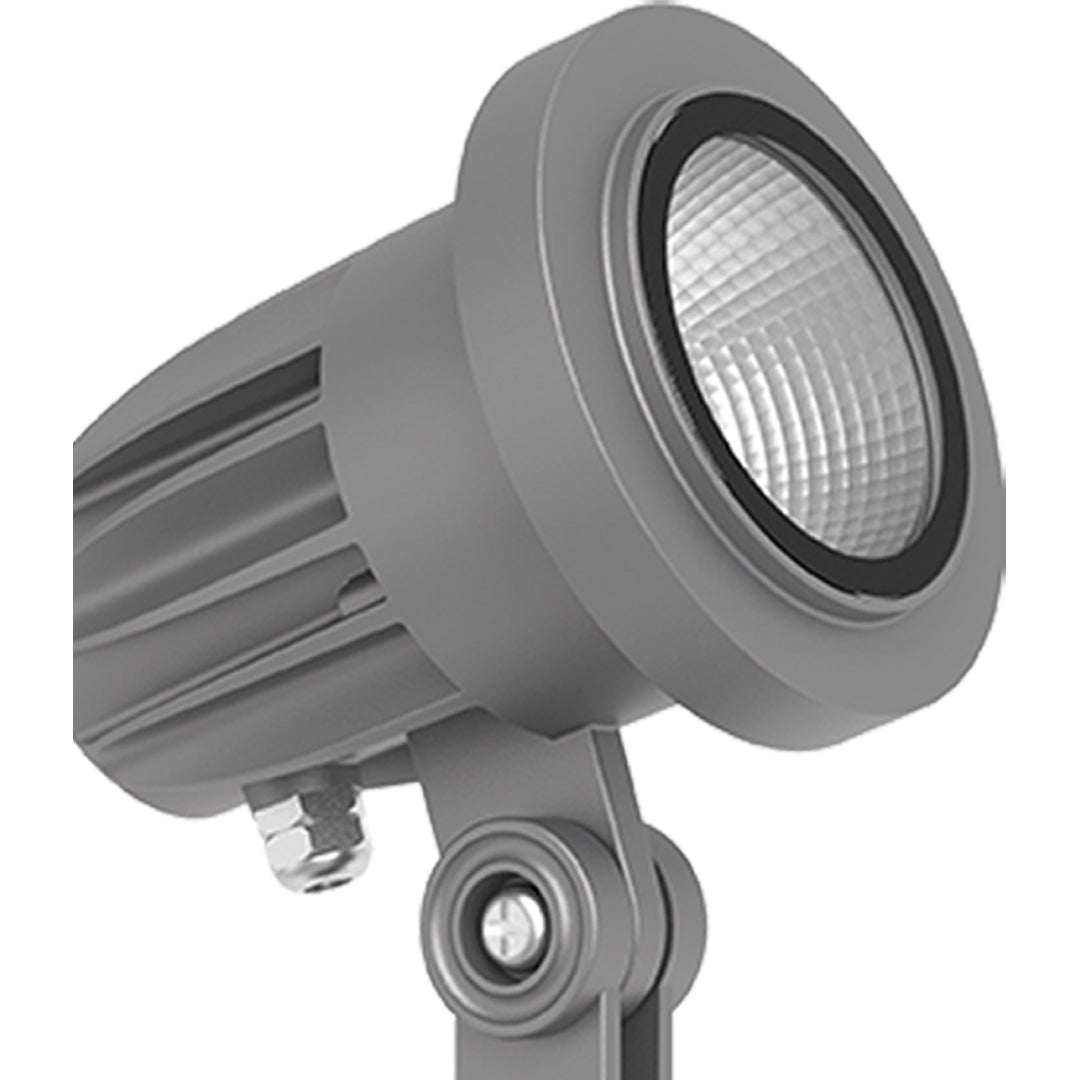 Professional gray outdoor spotlight with ribbed heat sink design and adjustable mounting bracket