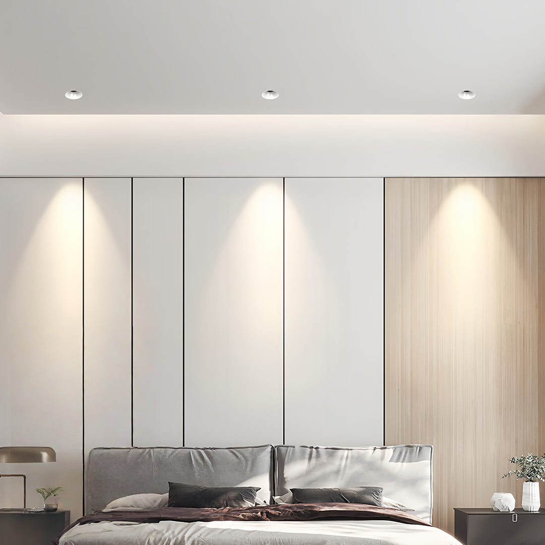 Professional indoor LED spotlight featuring glass shade chandelier aesthetic illuminating elegant bathroom with wall accent lighting.