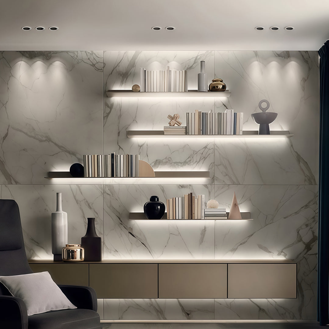 Professional indoor spotlights illuminating floating shelves with glass shade chandelier style even light distribution.