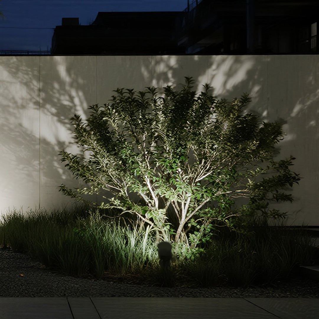 Professional landscape spotlight installed in green lawn area for precise garden accent lighting