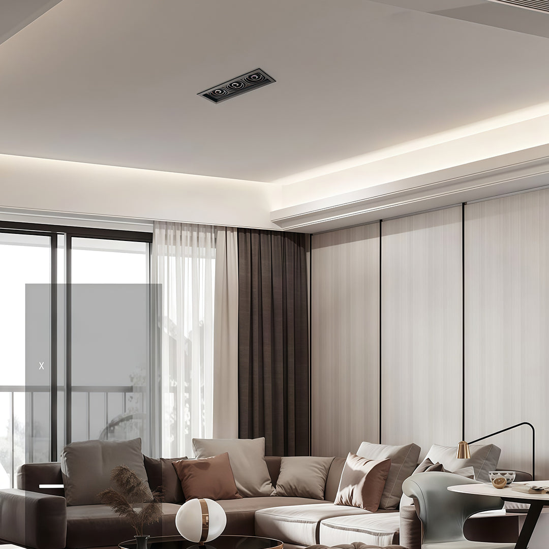 Professional LED indoor spotlight featuring glass shade chandelier styling in bright modern bedroom with clean lines.