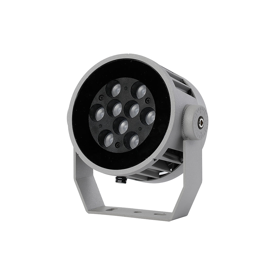 Professional waterproof LED spotlight featuring durable silver finish and adjustable mounting bracket