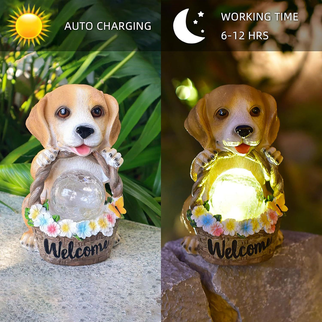 Two puppy garden lights demonstrating day and night modes with solar charging capability