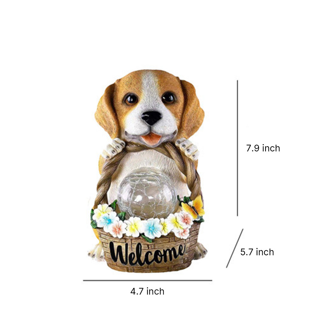 Technical dimension drawing of puppy welcome statue showing measurements and auto-charging features