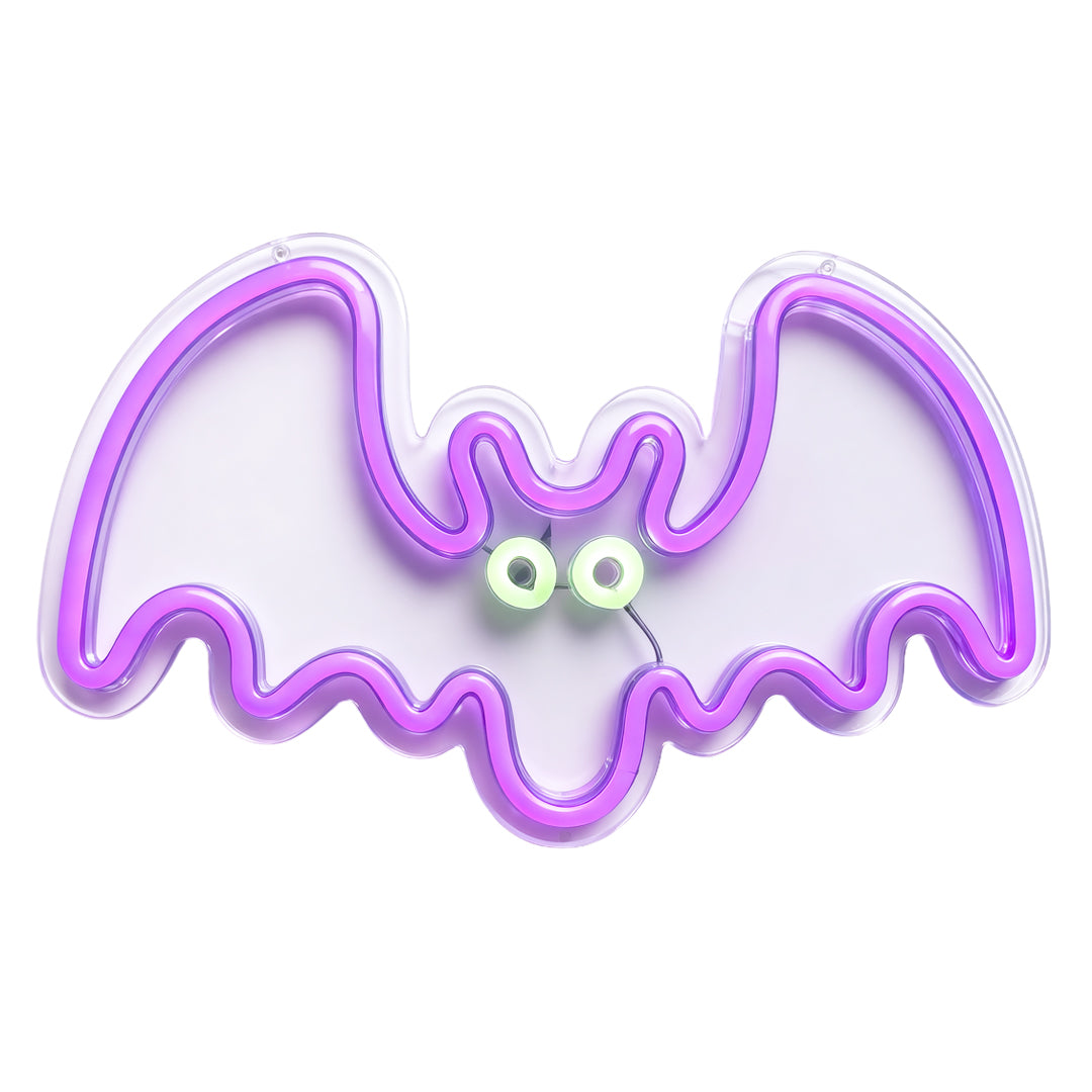 Purple glow halloween neon lights shaped as a flying bat with green eyes for window or wall display.