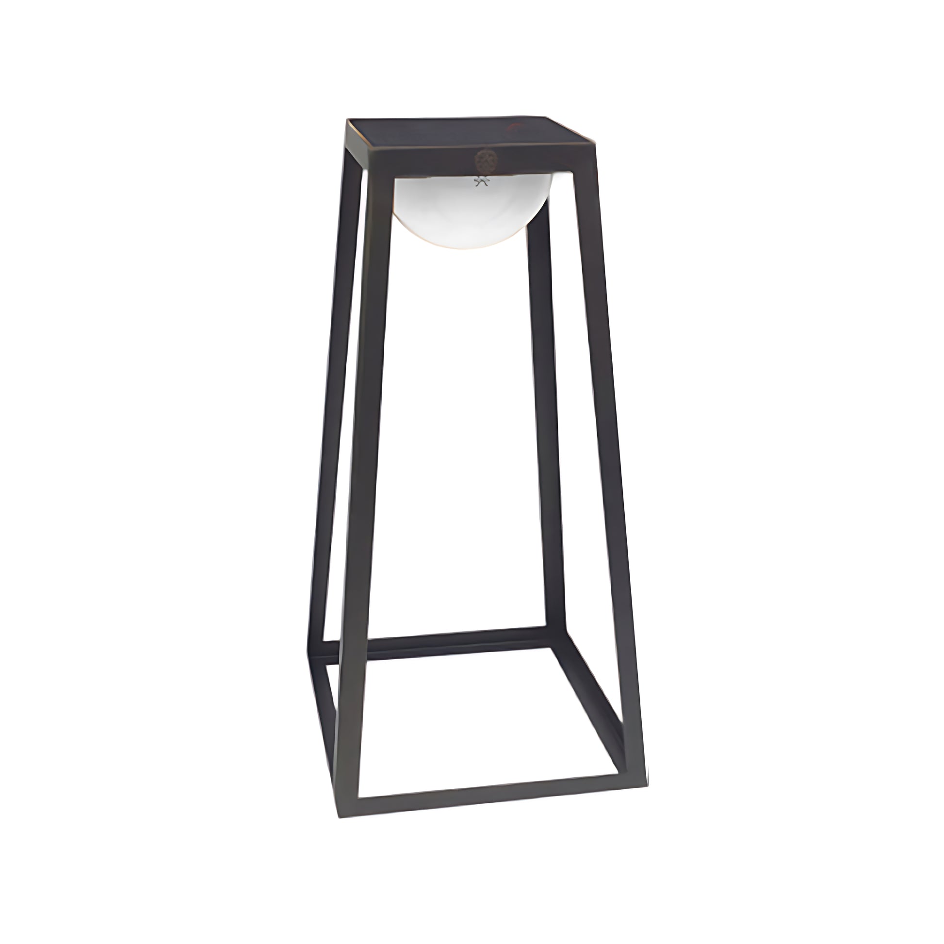 Modern pyramid-shaped outdoor light fixture with minimalist black framework construction