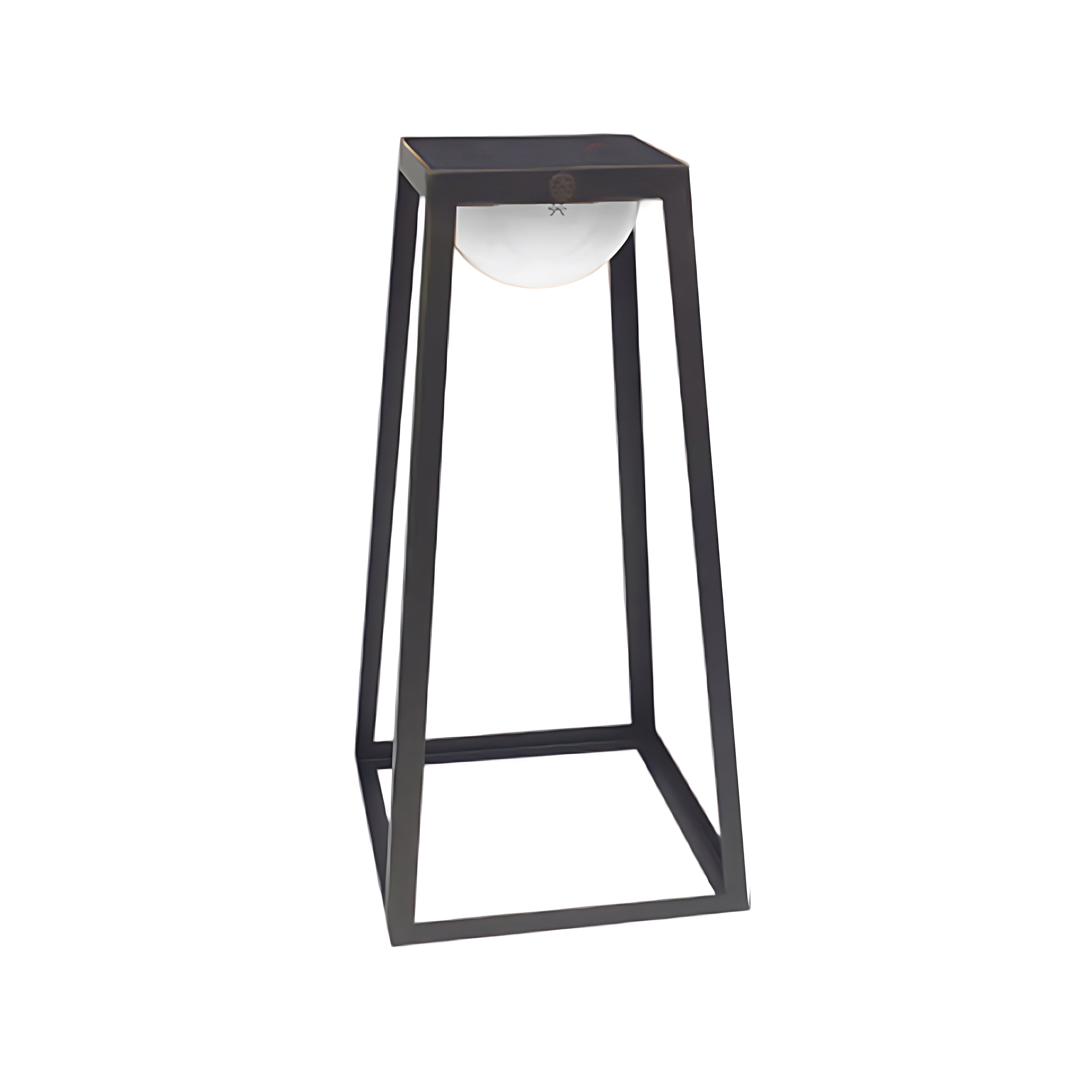 Modern pyramid-shaped outdoor light fixture with minimalist black framework construction