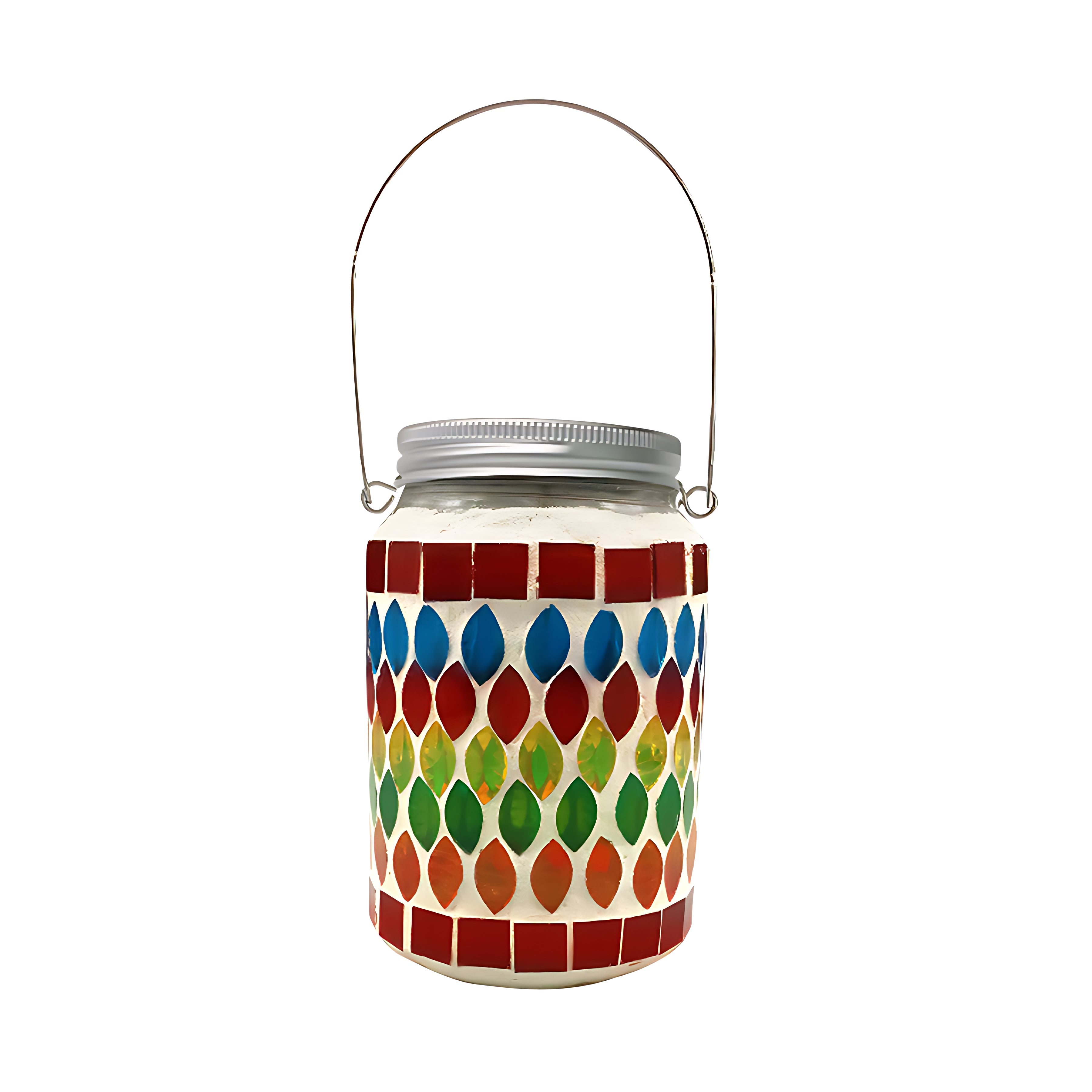 Decorative solar lantern with rainbow mosaic tiles and wire handle for hanging