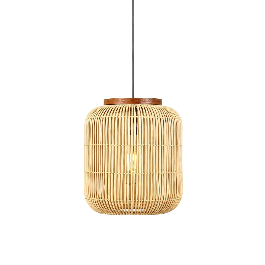 Rattan light pendants adding natural texture and warm ambient illumination to interior spaces