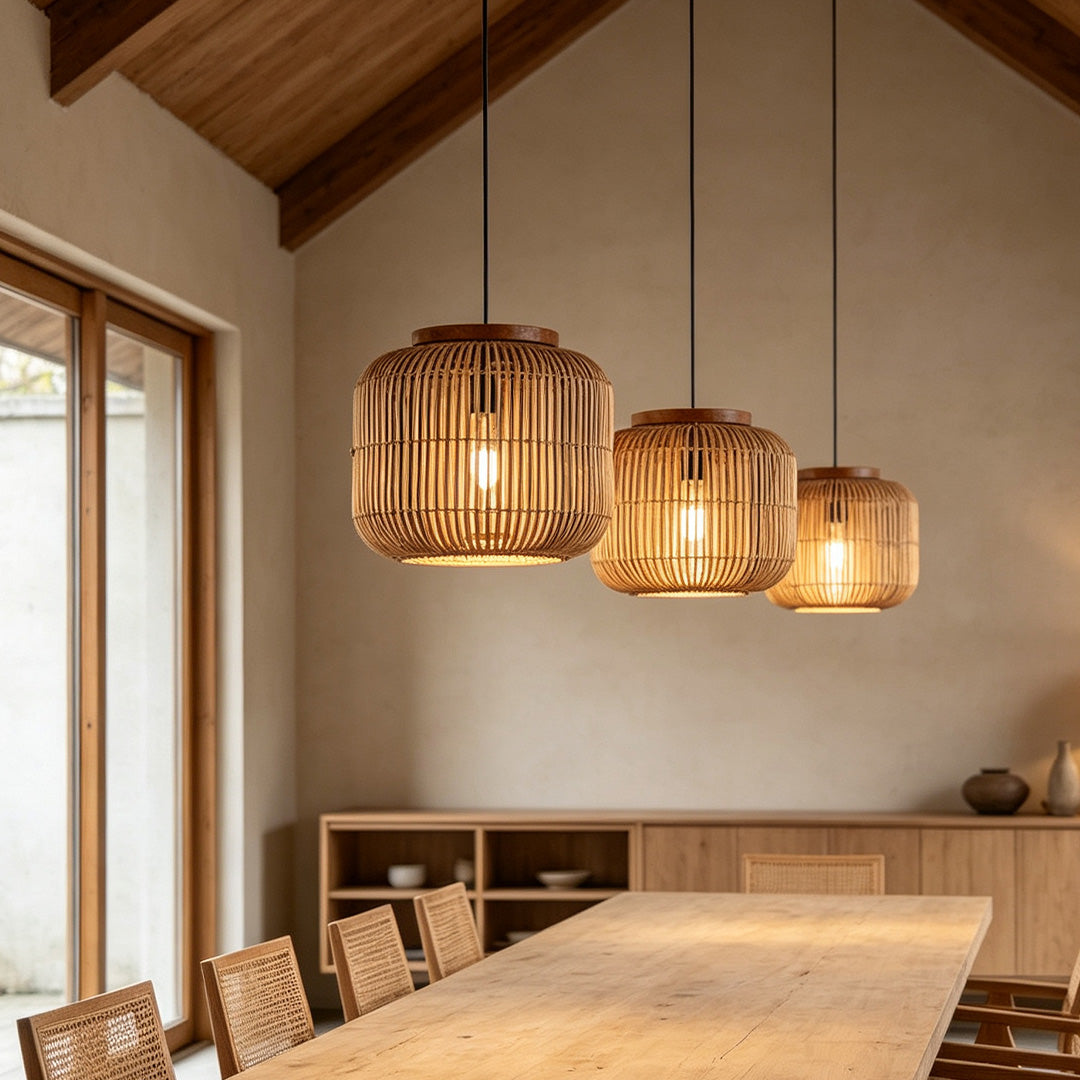 Rattan light pendants adding natural texture and warm ambient illumination to interior spaces