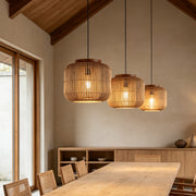 Rattan light pendants adding natural texture and warm ambient illumination to interior spaces