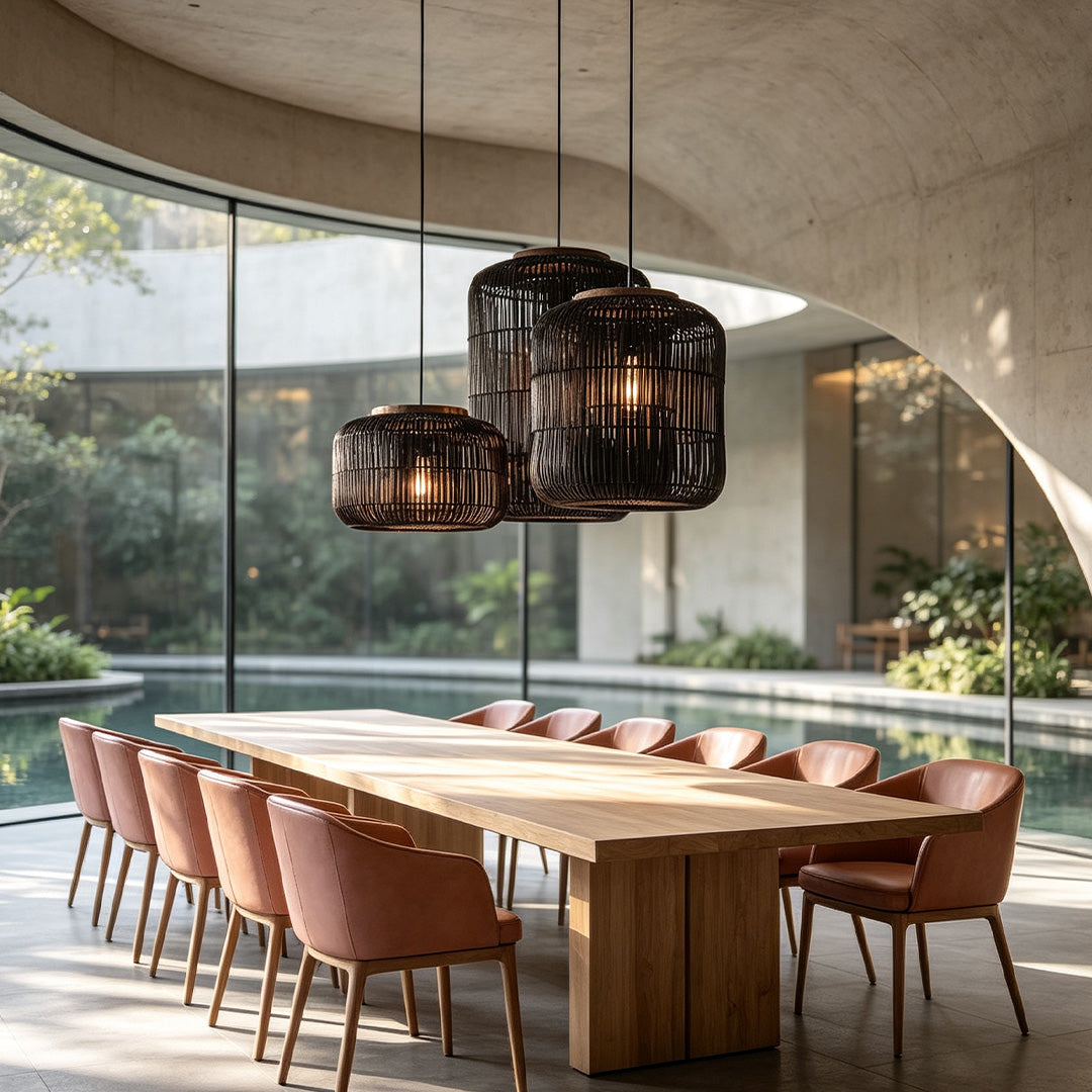 Rattan light pendants adding natural texture and warm ambient illumination to interior spaces