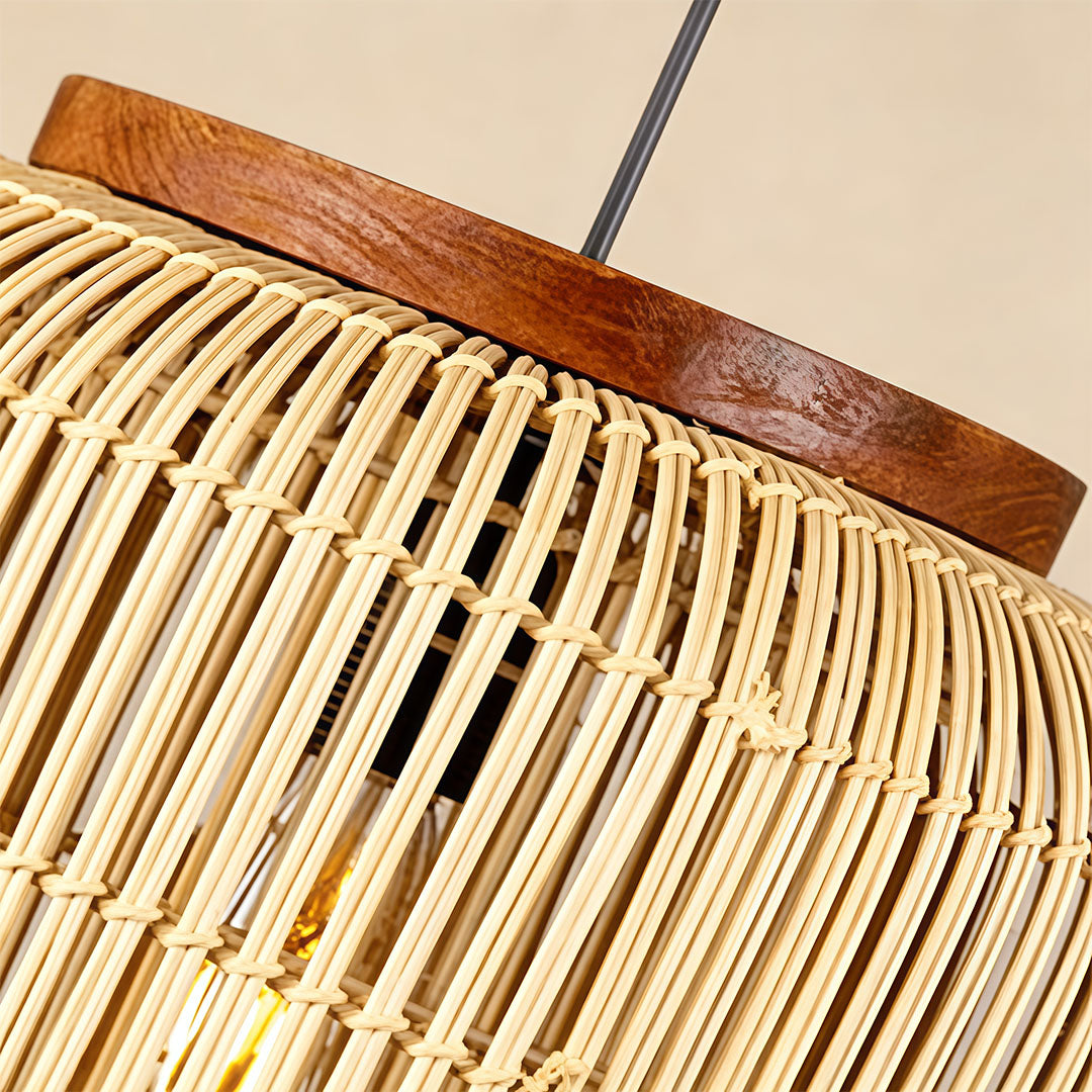 Rattan light pendants adding natural texture and warm ambient illumination to interior spaces