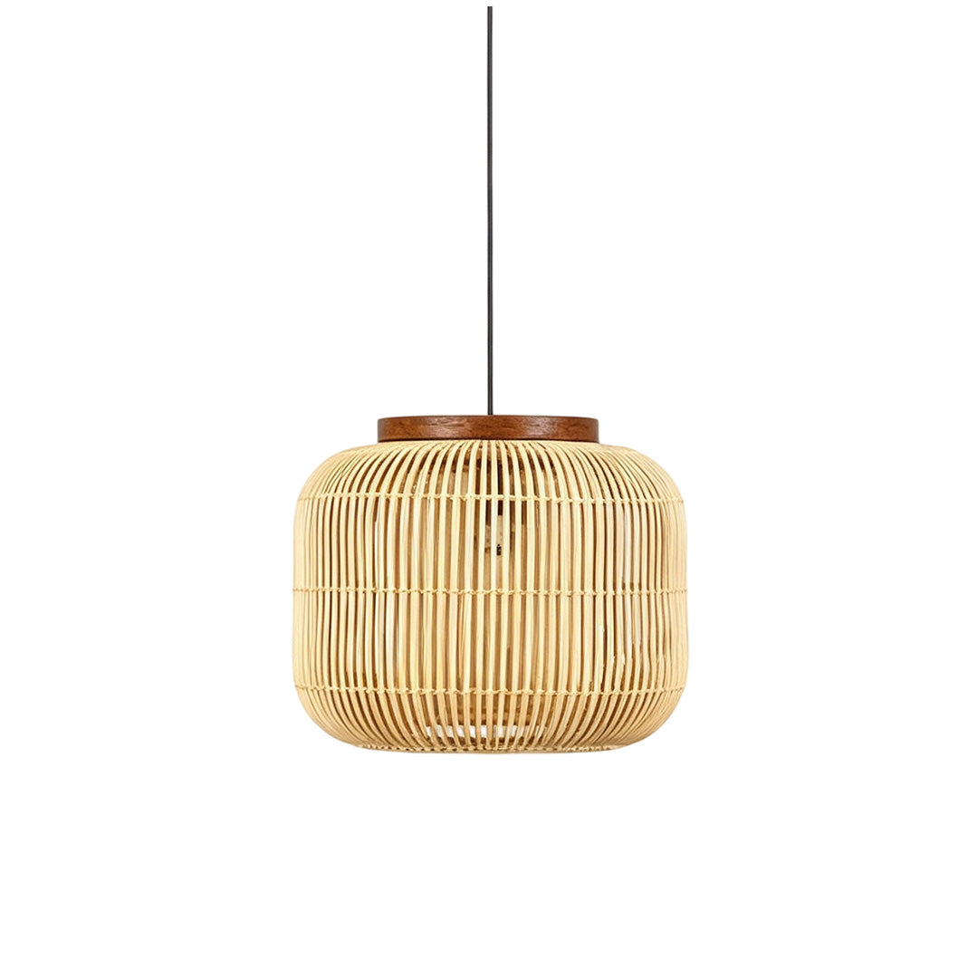 Rattan light pendants adding natural texture and warm ambient illumination to interior spaces