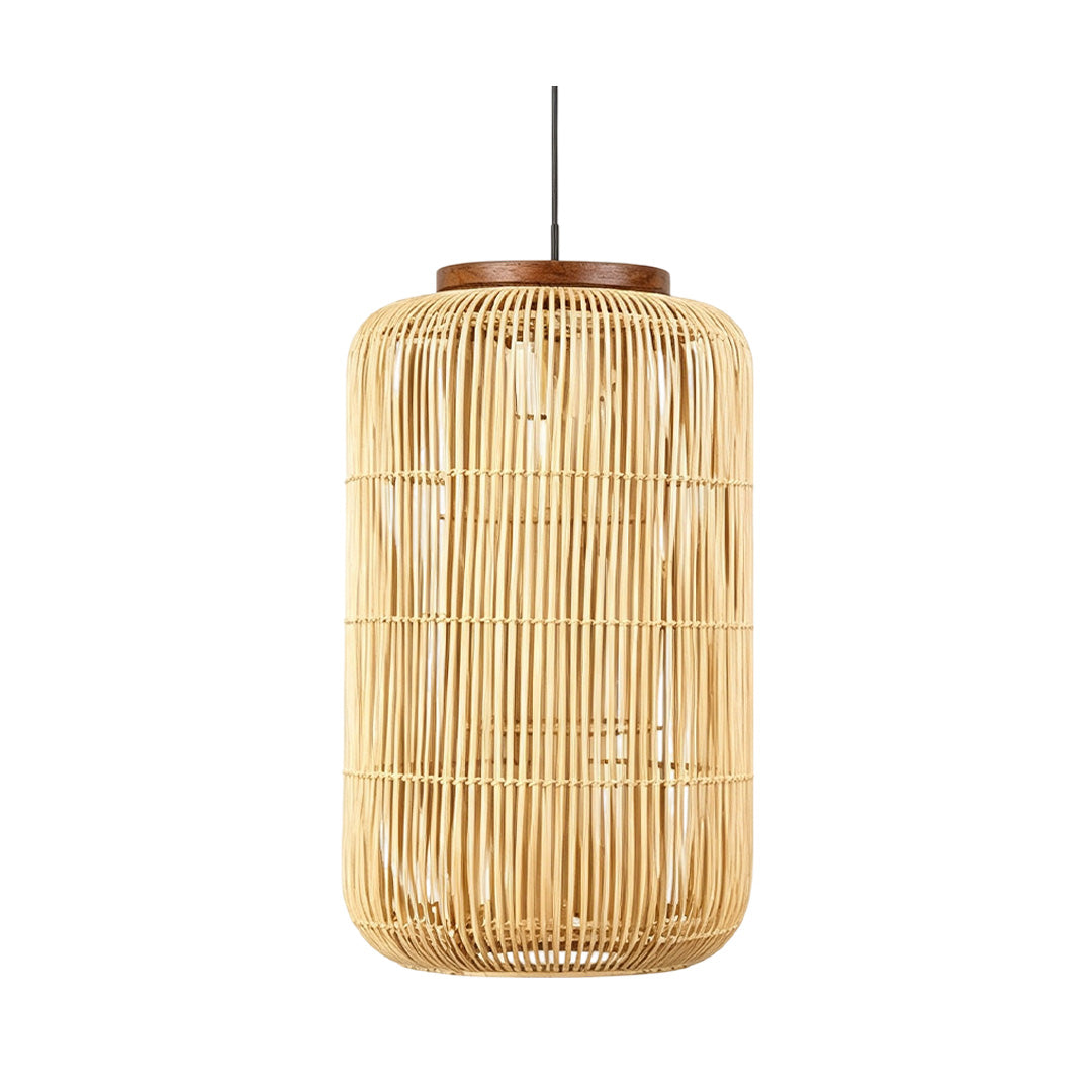 Rattan light pendants adding natural texture and warm ambient illumination to interior spaces