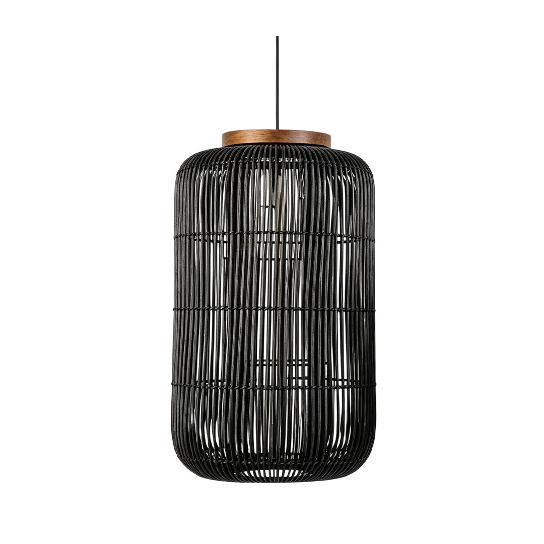 Rattan light pendants adding natural texture and warm ambient illumination to interior spaces