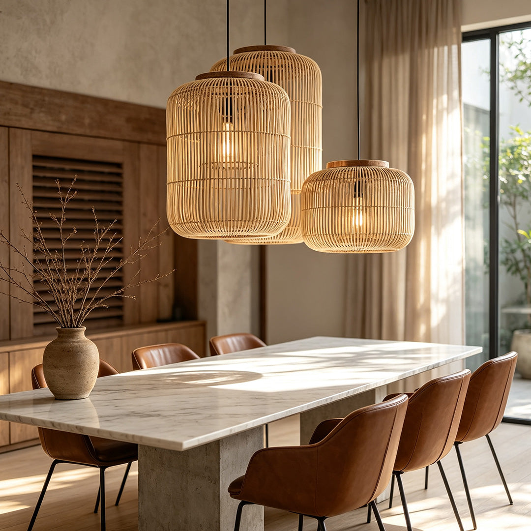 Rattan light pendants adding natural texture and warm ambient illumination to interior spaces