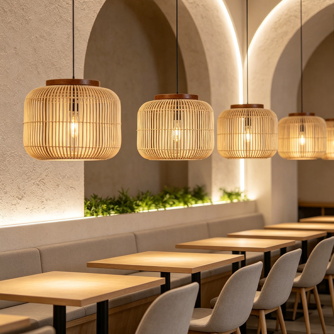 Rattan light pendants adding natural texture and warm ambient illumination to interior spaces