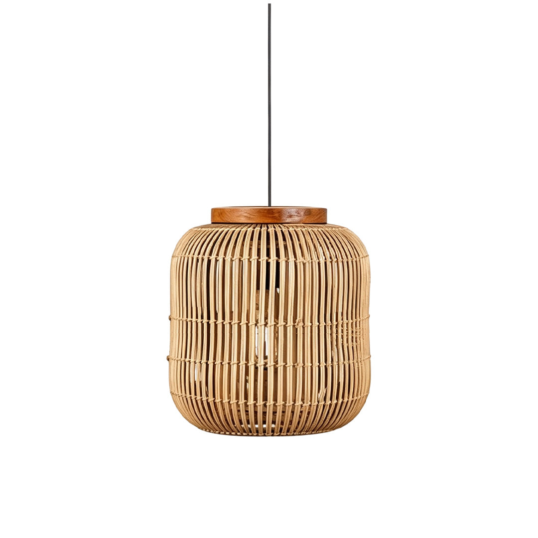 Rattan light pendants adding natural texture and warm ambient illumination to interior spaces