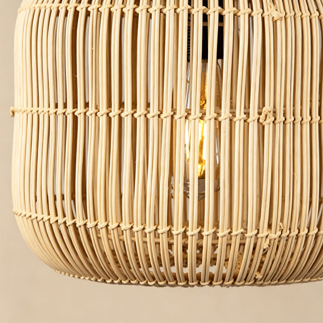 Rattan light pendants adding natural texture and warm ambient illumination to interior spaces