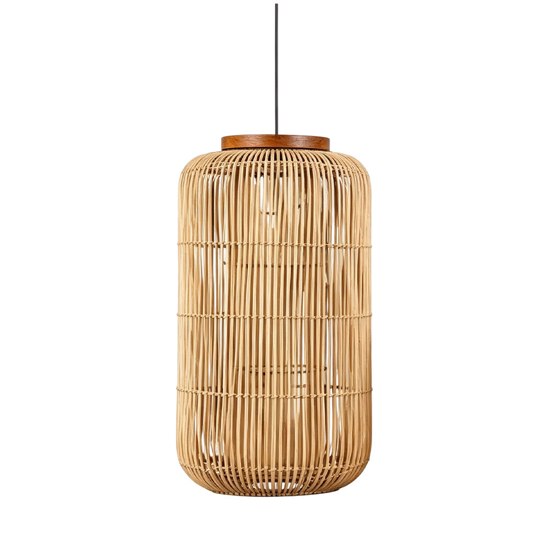 Rattan light pendants adding natural texture and warm ambient illumination to interior spaces