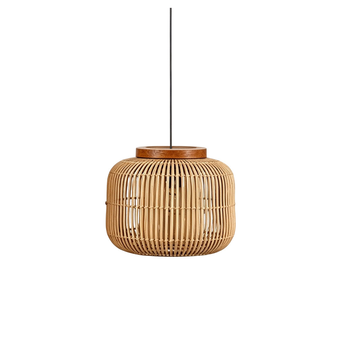 Rattan light pendants adding natural texture and warm ambient illumination to interior spaces