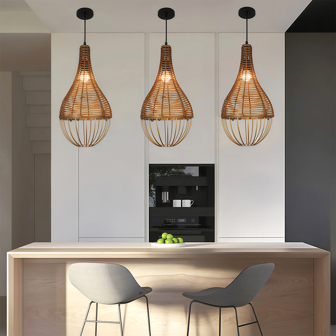 Rattan pendant light shade hanging over a dining room table, adding a natural touch to the interior design.