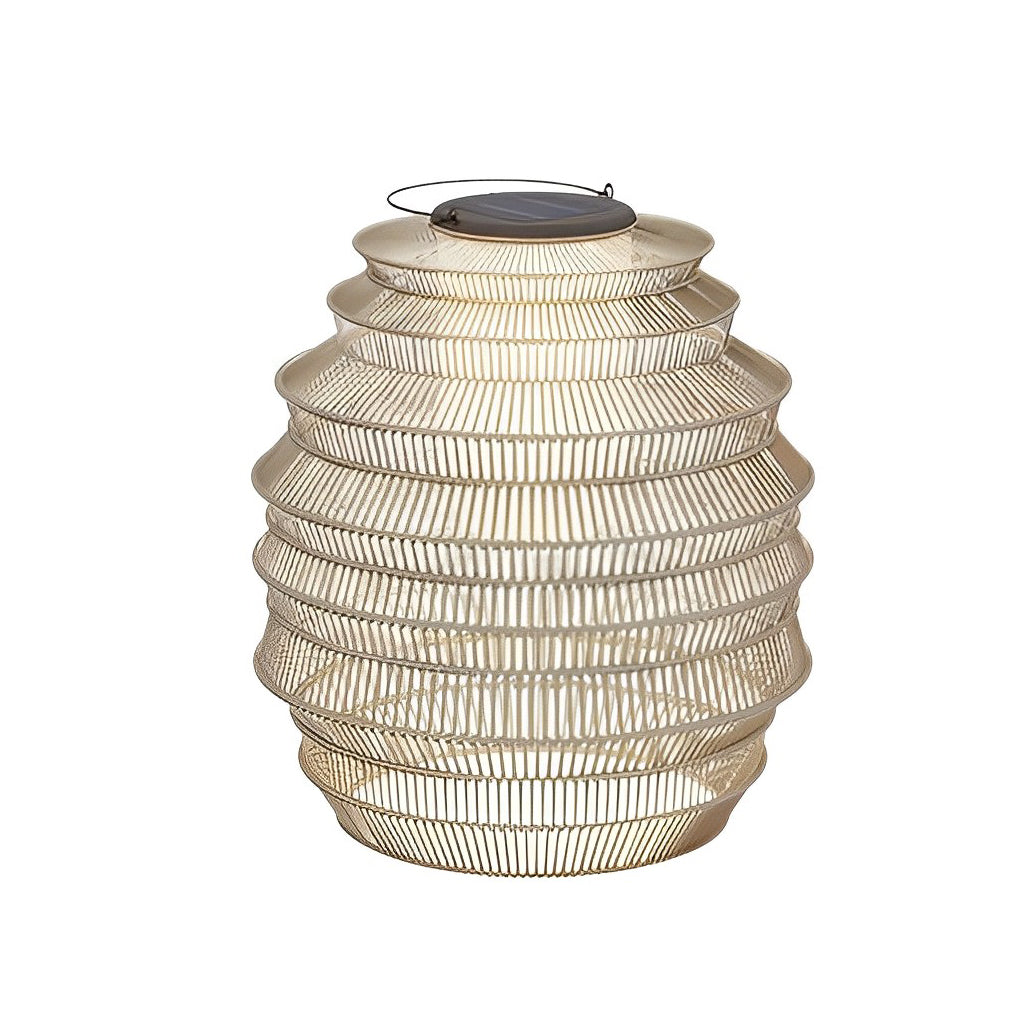 Rattan outdoor lantern with a close-up of its solar panel and woven texture.