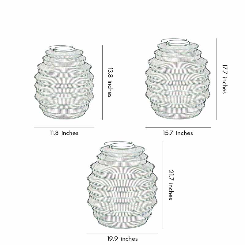 Technical diagram showing dimensions and structure of rattan outdoor lantern models.