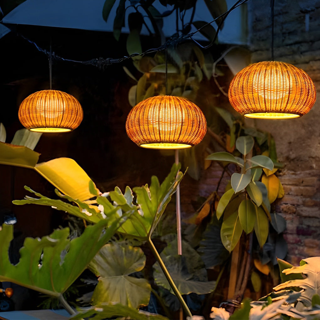 Rattan Outdoor Pendant Light for covered patio dining and garden pergola lighting
