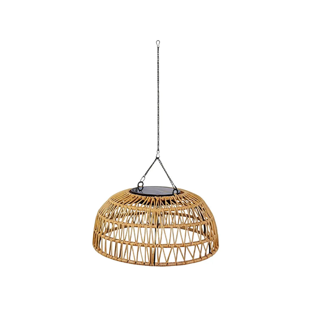 Outdoor solar pendant light with a handcrafted rattan shade and hanging chain design.