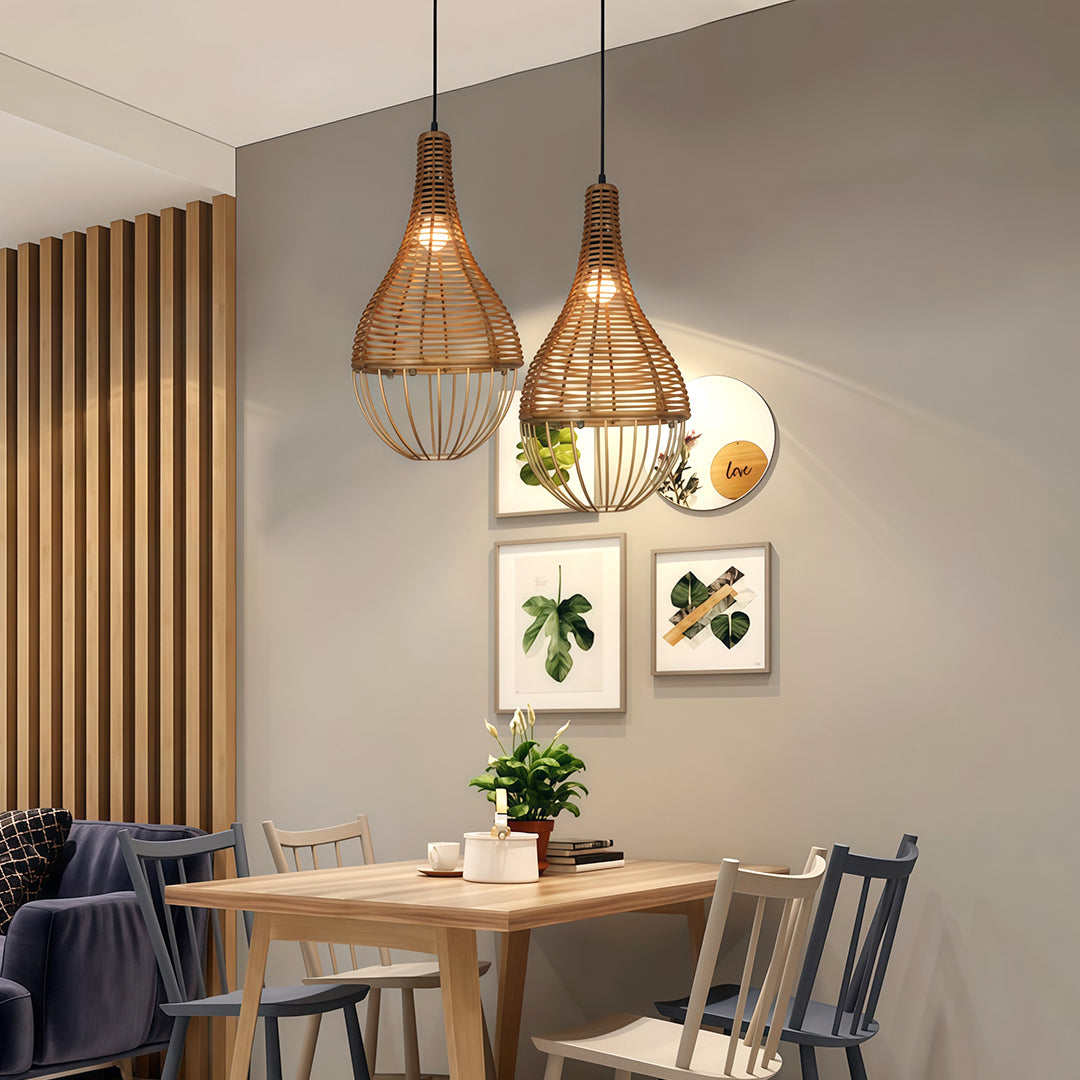 A rattan pendant light hanging in a cozy living space, adding warmth and texture to the room.