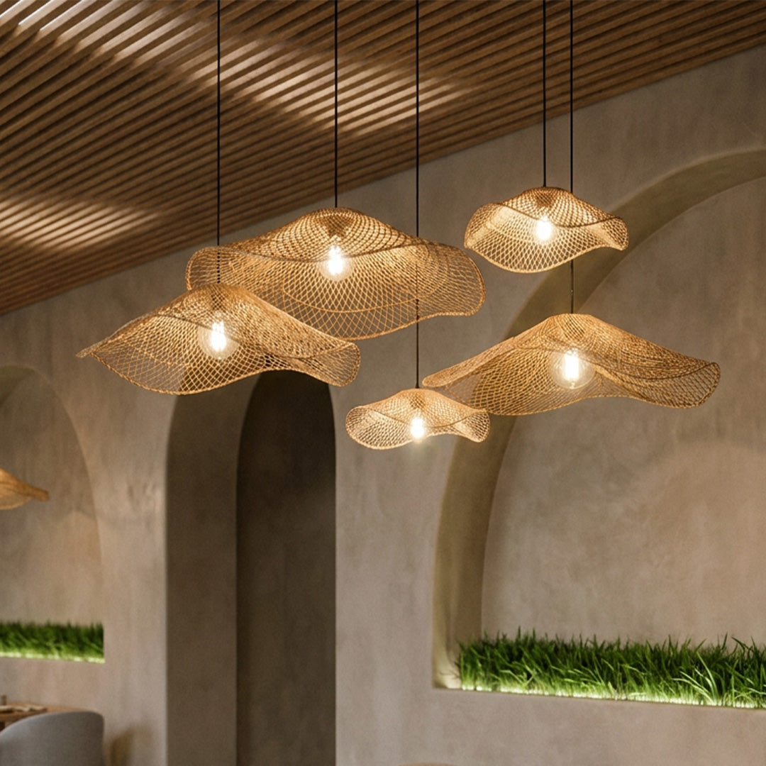 Rattan pendant light fixture featuring natural craftsmanship and warm decorative lighting