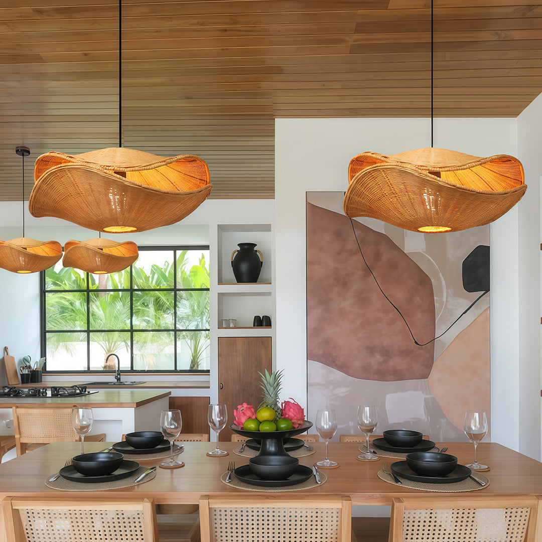 Rattan pendant lights suspended in a contemporary home, adding a natural element to the modern decor.