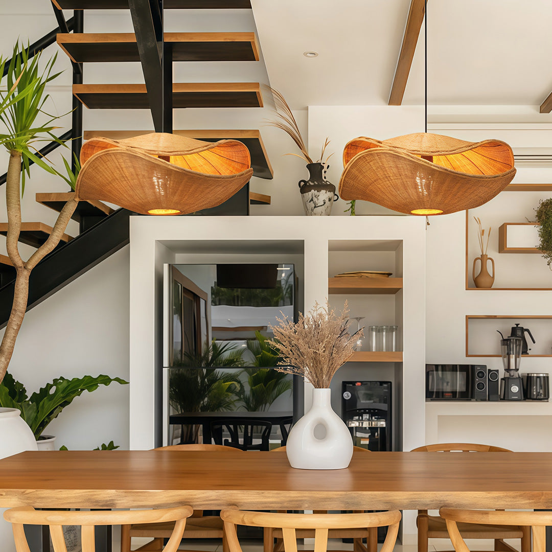 Rattan pendant lights hung in a spacious living room, offering ambient light and a natural texture to the space.