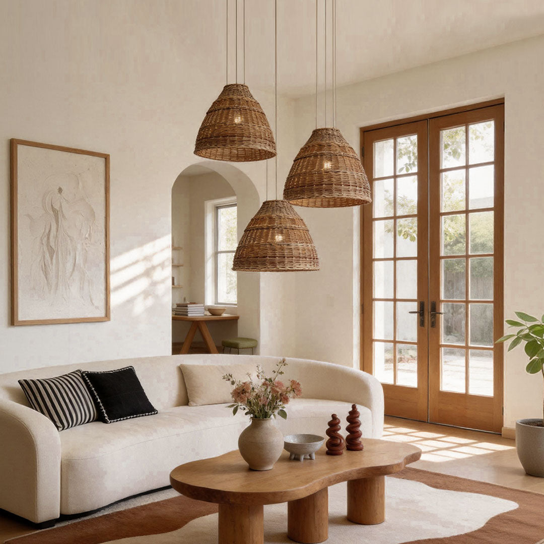 Rattan pendant lights adding organic texture and inviting illumination to interior spaces