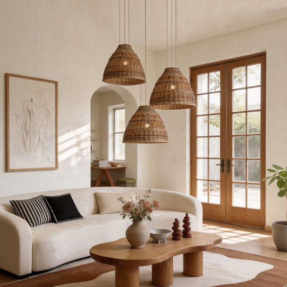 Rattan pendant lights adding organic texture and inviting illumination to interior spaces