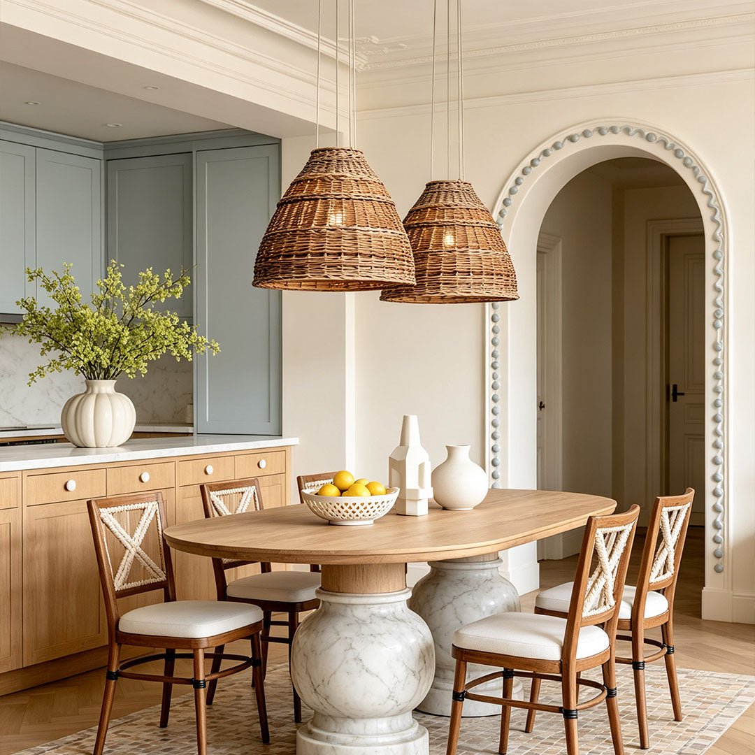 Rattan pendant lights adding organic texture and inviting illumination to interior spaces