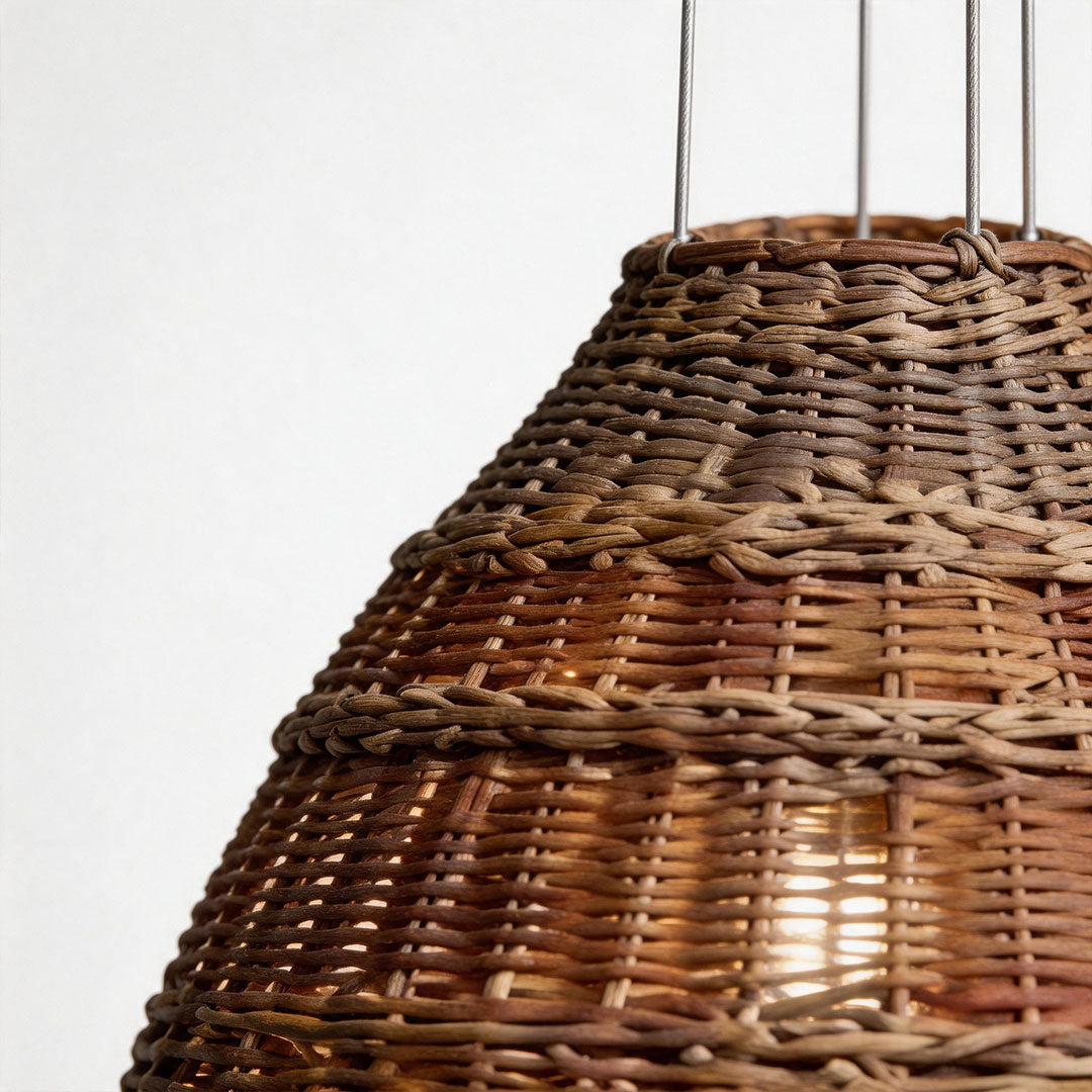 Rattan pendant lights adding organic texture and inviting illumination to interior spaces