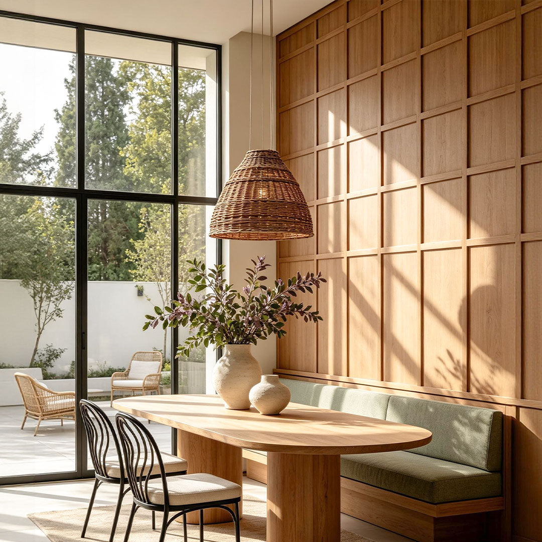 Rattan pendant lights adding organic texture and inviting illumination to interior spaces