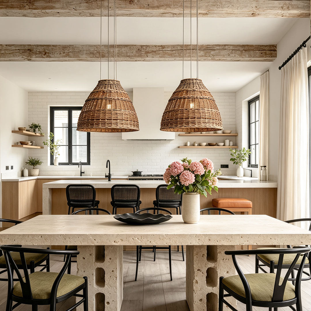 Rattan pendant lights adding organic texture and inviting illumination to interior spaces