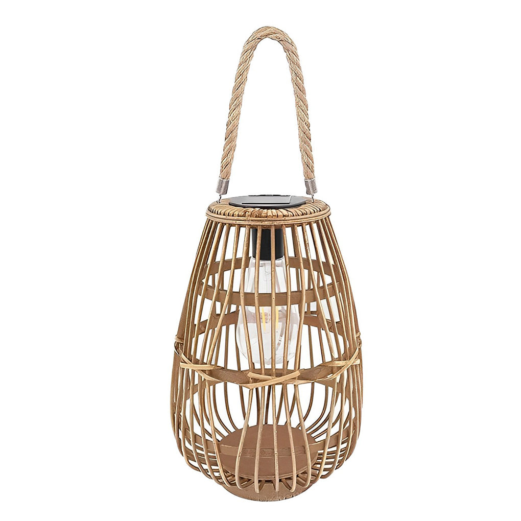 Rattan solar lantern with a close-up of its intricate weave and solar panel.
