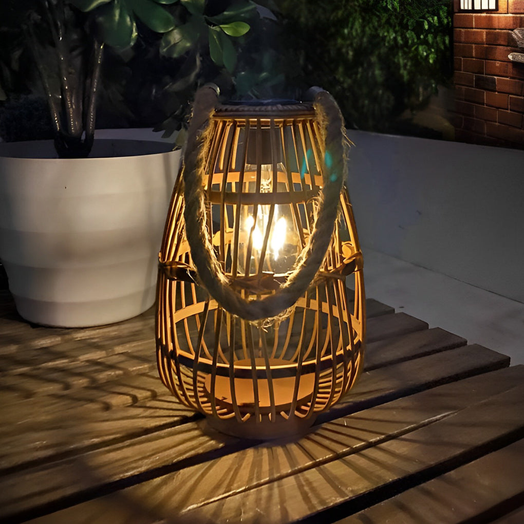 Rattan solar lantern with a modern design, enhancing a garden pathway at night.