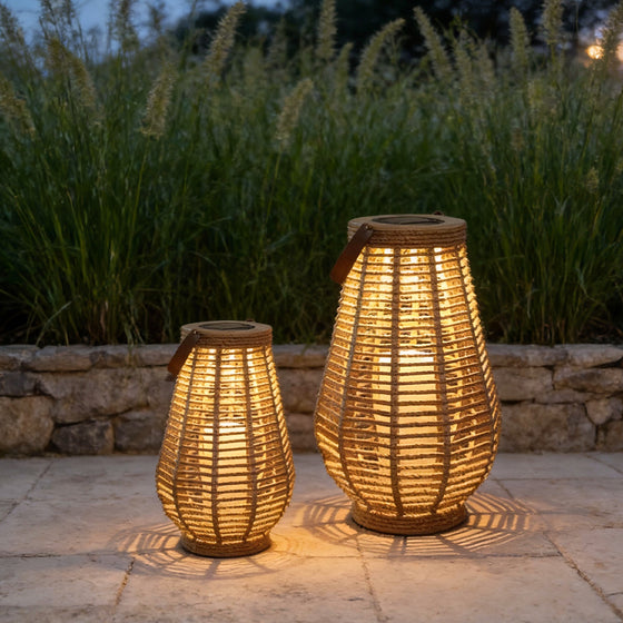 Rattan solar lantern hemp rope outdoor LED garden lamp adds natural charm and warm lighting to patios, gardens, and outdoor spaces.