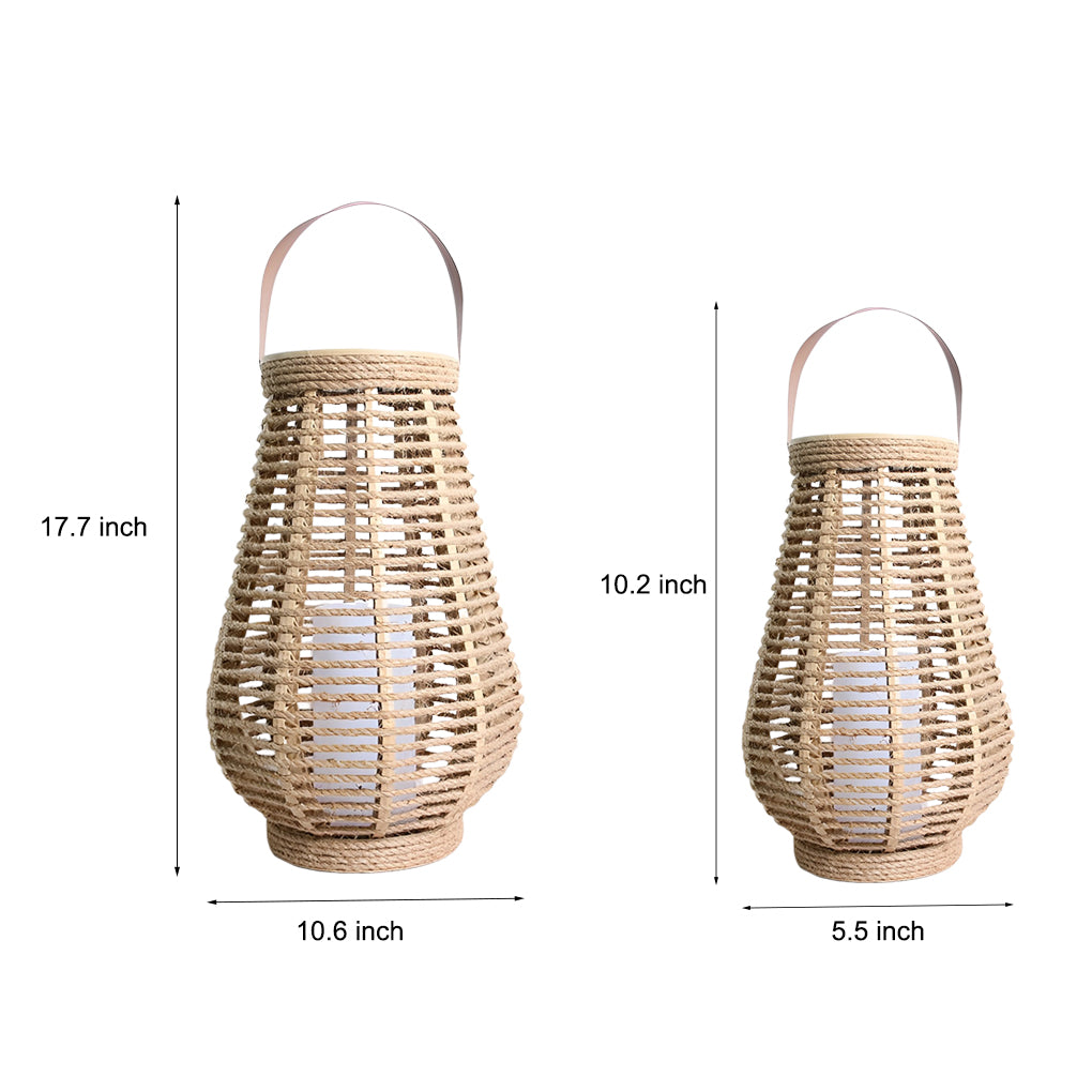 Rattan solar lantern size dimensions diagram showing height and width measurements.