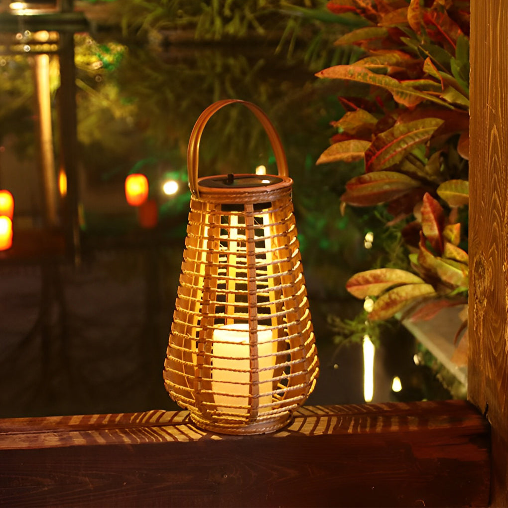 Close-up of rattan solar lantern texture showing woven design and solar panel top.