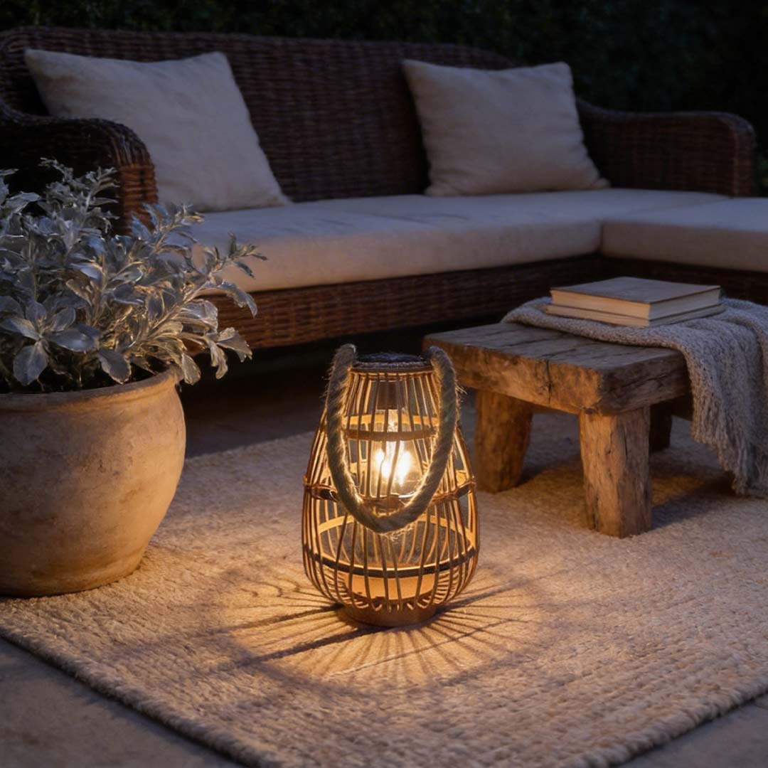 Rattan solar lantern with a woven design, providing warm illumination on a patio table.