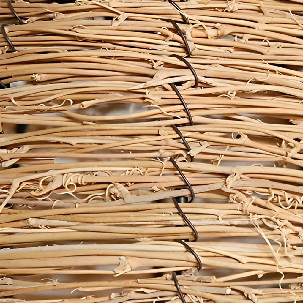 Rattan wall lamp with a close-up of its intricate rattan weave.