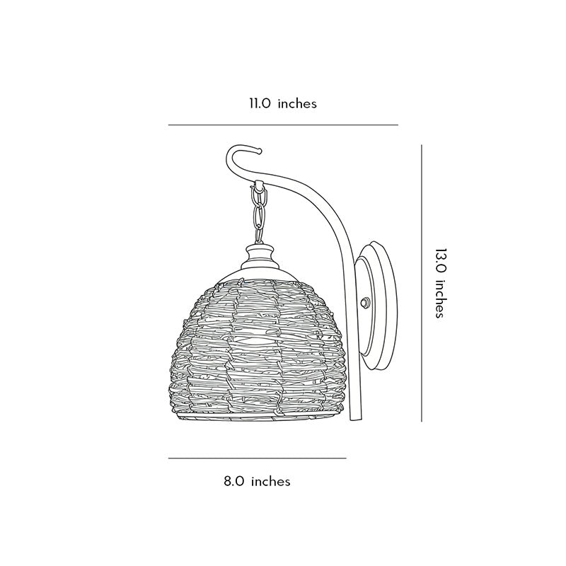 Technical diagram showing dimensions and structure of rattan wall lamp models.